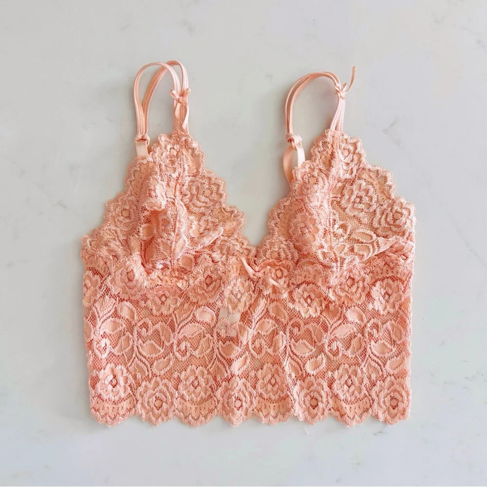 Cabernet Coral Pink Lace Bralette Top, Ribbon Bow & Adjustable Straps sz. S